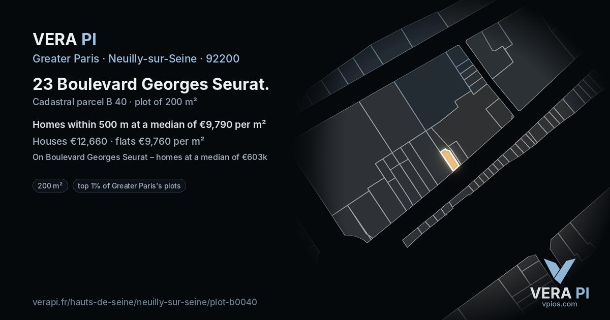 23 Boulevard Georges Seurat, Neuilly-sur-Seine at night – the plot lit, the parcels around coloured by the prices near them