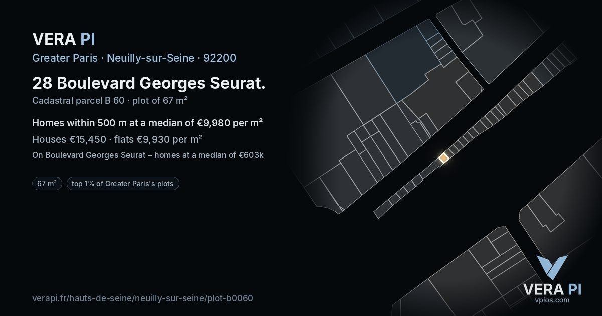 28 Boulevard Georges Seurat, Neuilly-sur-Seine at night – the plot lit, the parcels around coloured by the prices near them