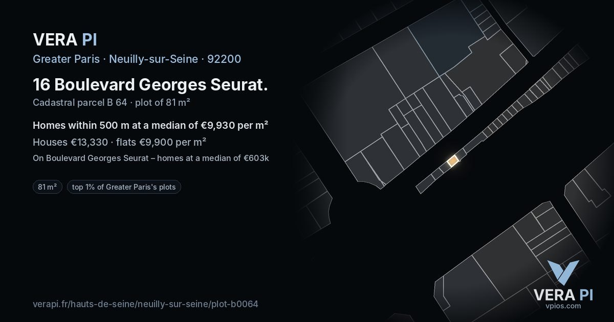 16 Boulevard Georges Seurat, Neuilly-sur-Seine at night – the plot lit, the parcels around coloured by the prices near them