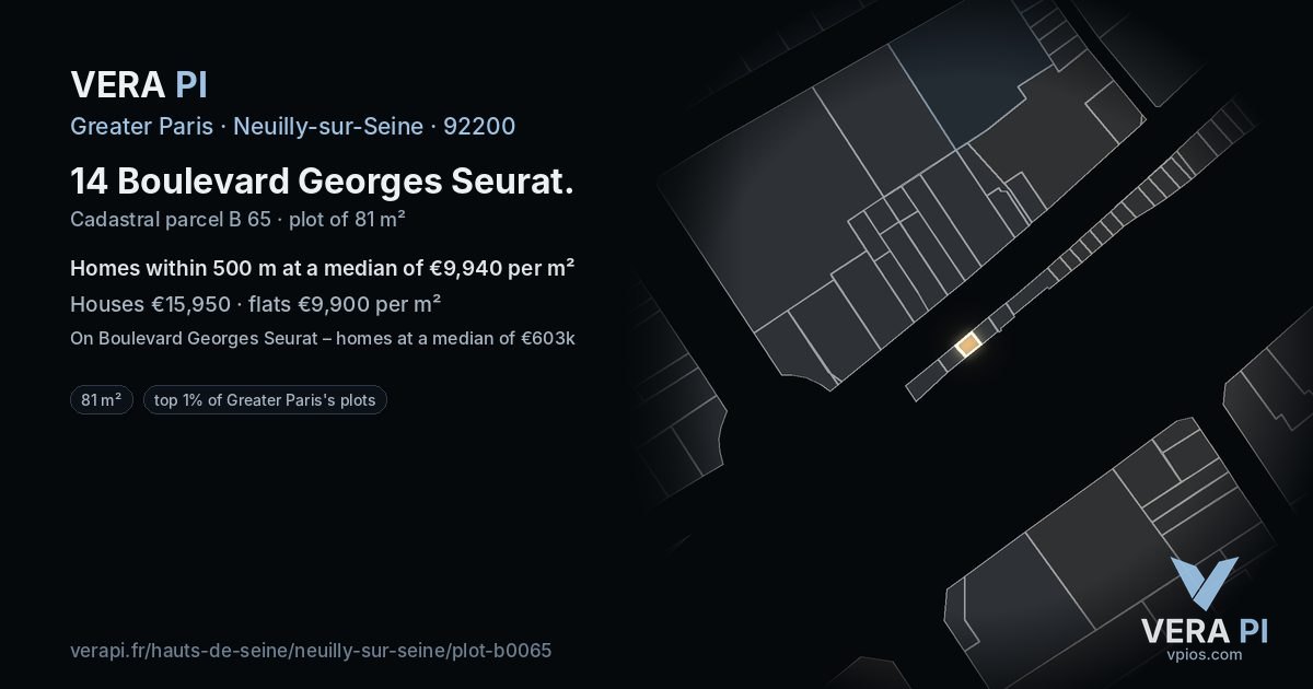 14 Boulevard Georges Seurat, Neuilly-sur-Seine at night – the plot lit, the parcels around coloured by the prices near them