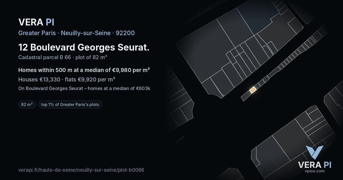 12 Boulevard Georges Seurat, Neuilly-sur-Seine at night – the plot lit, the parcels around coloured by the prices near them