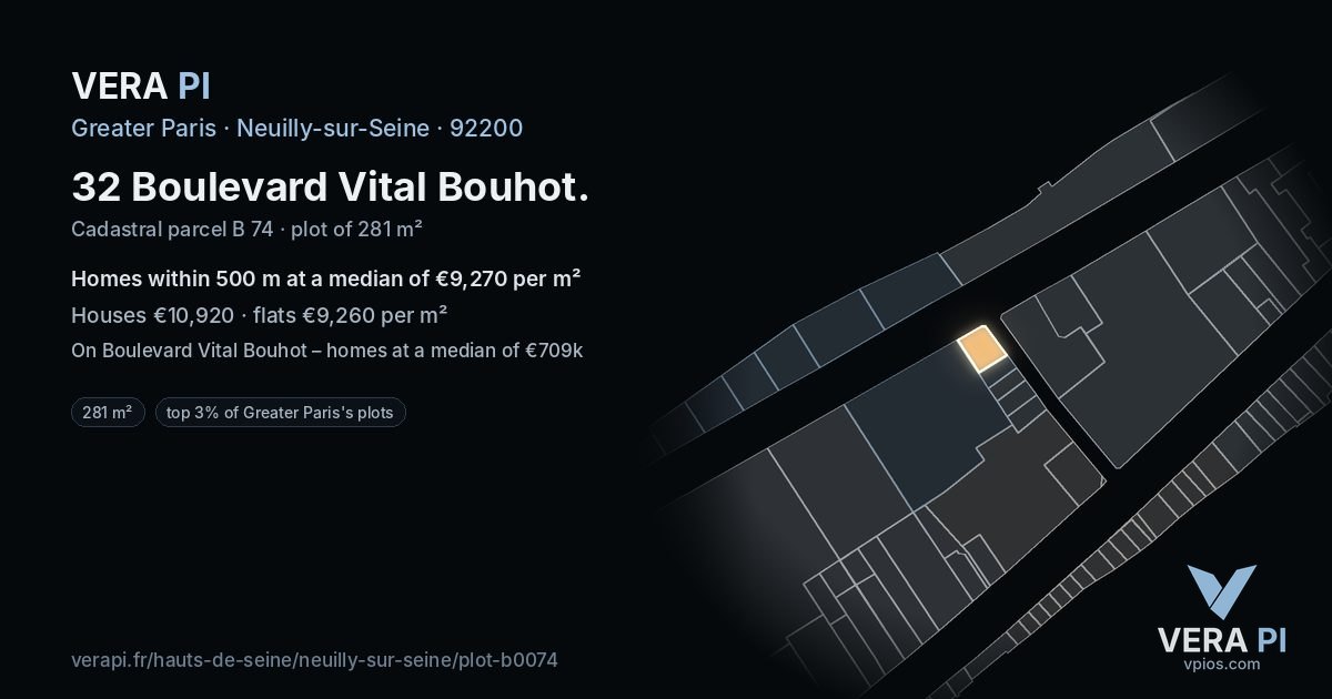32 Boulevard Vital Bouhot, Neuilly-sur-Seine at night – the plot lit, the parcels around coloured by the prices near them