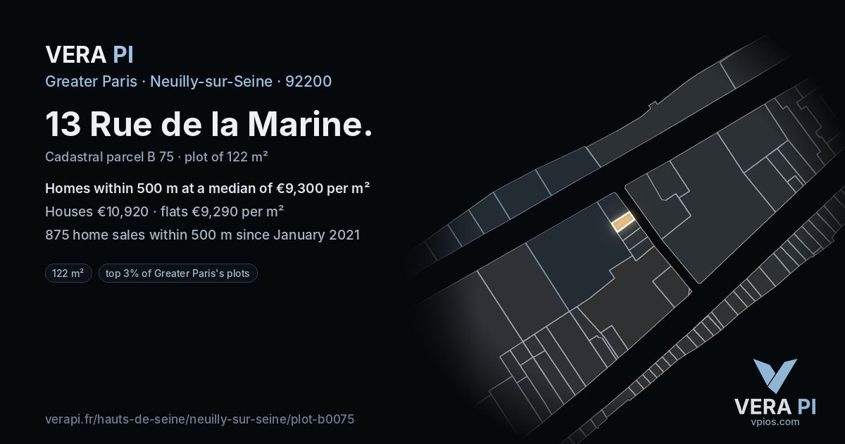 13 Rue de la Marine, Neuilly-sur-Seine at night – the plot lit, the parcels around coloured by the prices near them