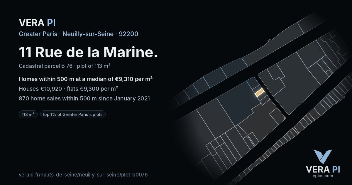 11 Rue de la Marine, Neuilly-sur-Seine at night – the plot lit, the parcels around coloured by the prices near them