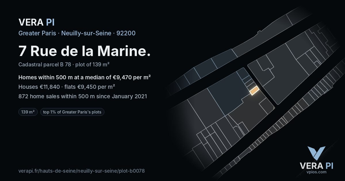7 Rue de la Marine, Neuilly-sur-Seine at night – the plot lit, the parcels around coloured by the prices near them