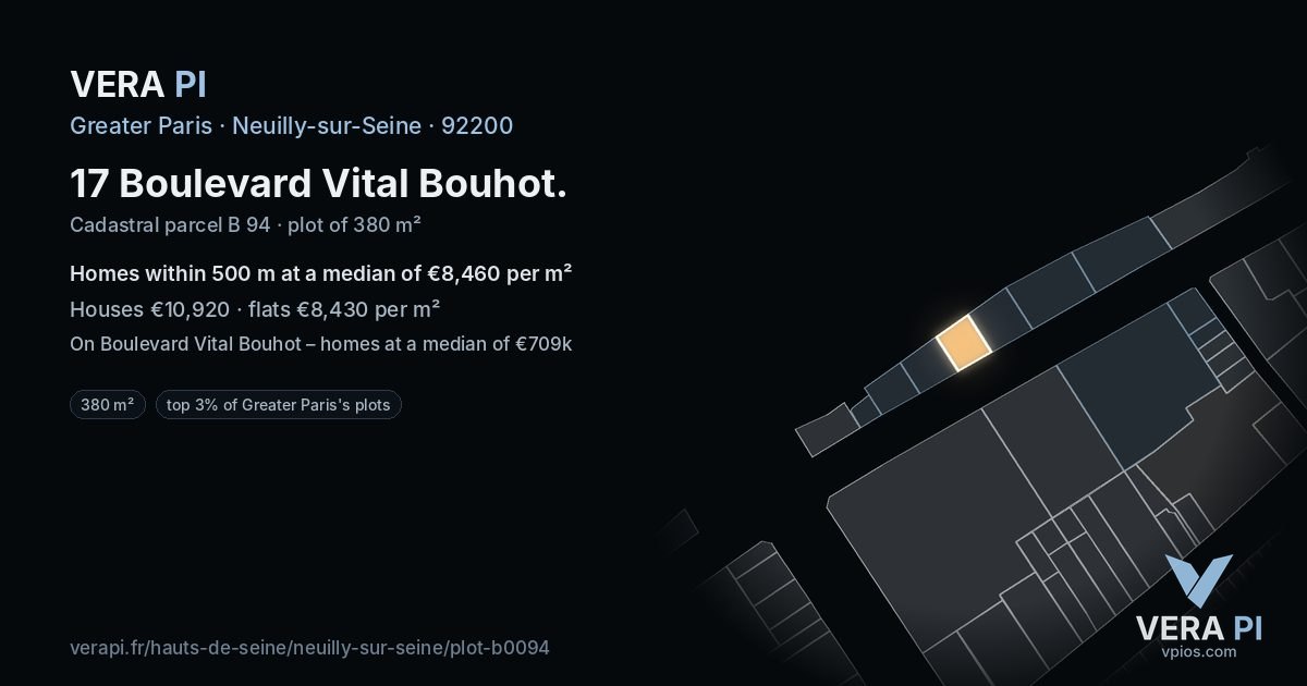 17 Boulevard Vital Bouhot, Neuilly-sur-Seine at night – the plot lit, the parcels around coloured by the prices near them