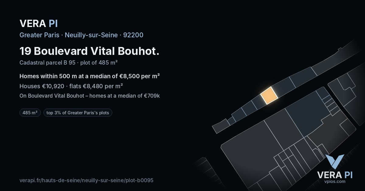 19 Boulevard Vital Bouhot, Neuilly-sur-Seine at night – the plot lit, the parcels around coloured by the prices near them