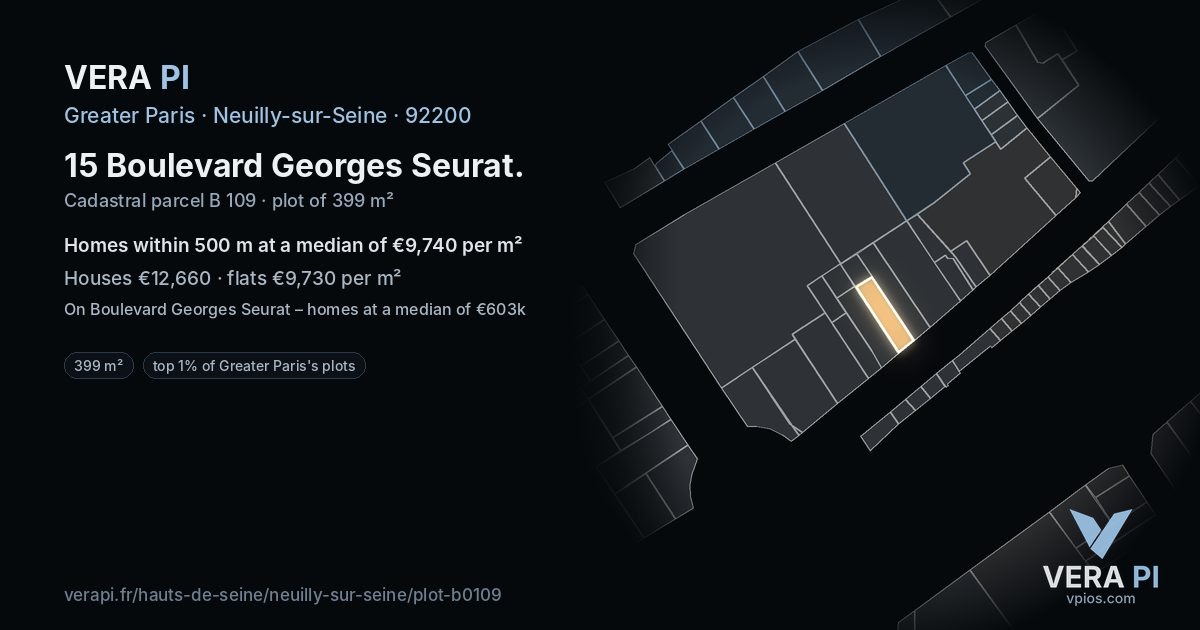 15 Boulevard Georges Seurat, Neuilly-sur-Seine at night – the plot lit, the parcels around coloured by the prices near them