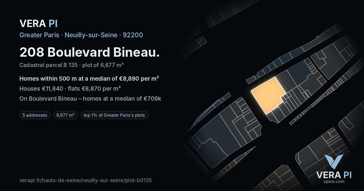 208 Boulevard Bineau, Neuilly-sur-Seine at night – the plot lit, the parcels around coloured by the prices near them