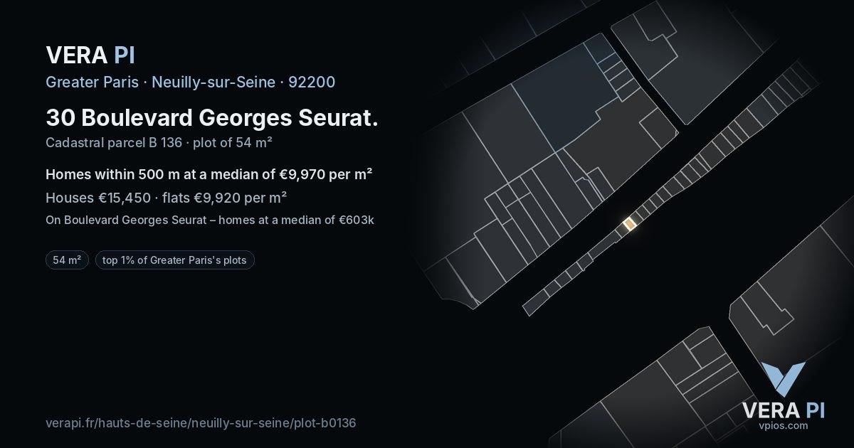 30 Boulevard Georges Seurat, Neuilly-sur-Seine at night – the plot lit, the parcels around coloured by the prices near them