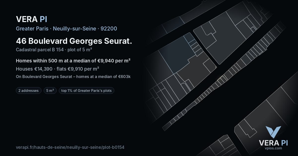 46 Boulevard Georges Seurat, Neuilly-sur-Seine at night – the plot lit, the parcels around coloured by the prices near them