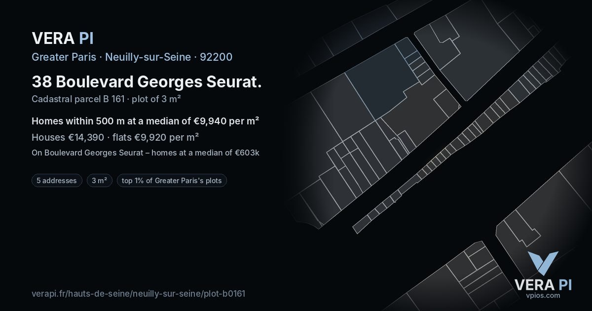 38 Boulevard Georges Seurat, Neuilly-sur-Seine at night – the plot lit, the parcels around coloured by the prices near them