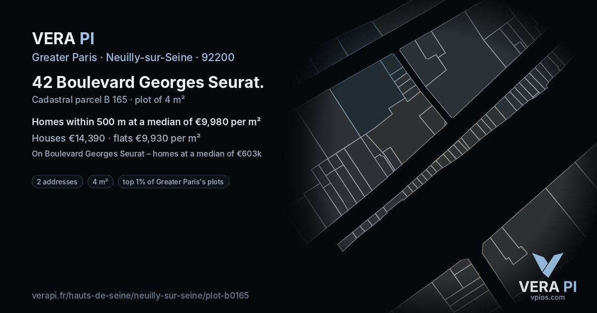 42 Boulevard Georges Seurat, Neuilly-sur-Seine at night – the plot lit, the parcels around coloured by the prices near them