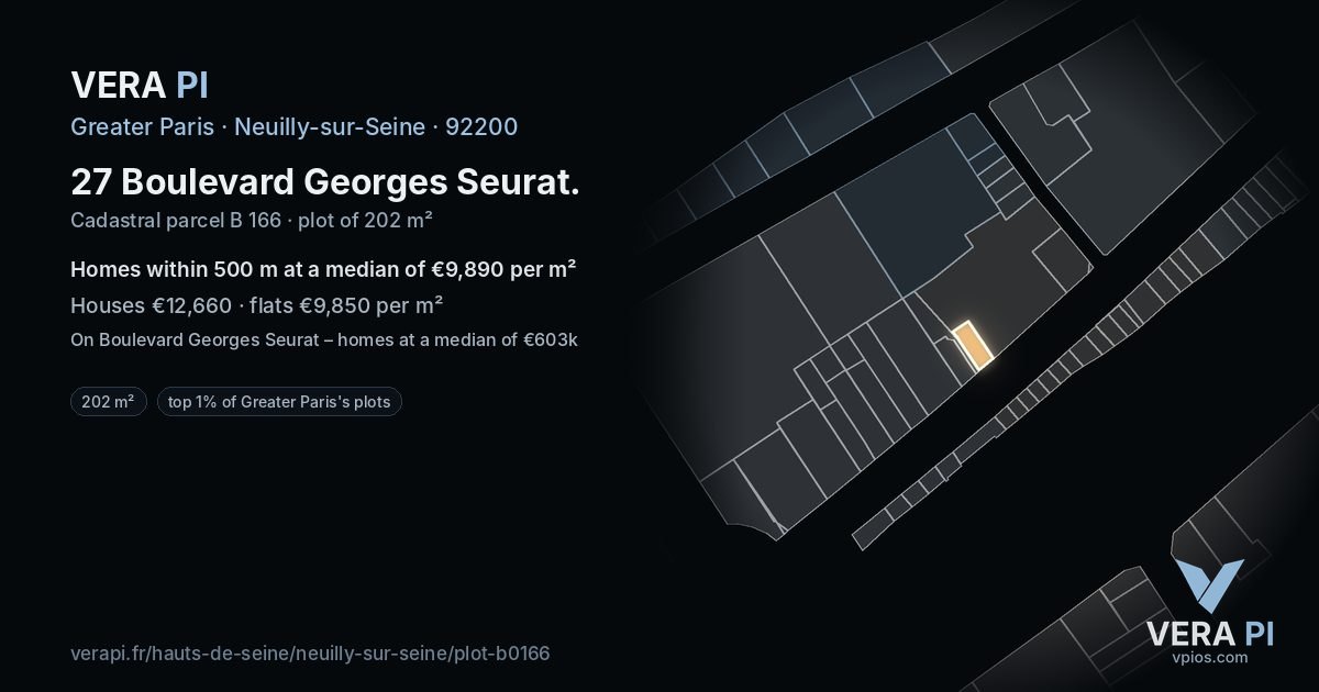 27 Boulevard Georges Seurat, Neuilly-sur-Seine at night – the plot lit, the parcels around coloured by the prices near them