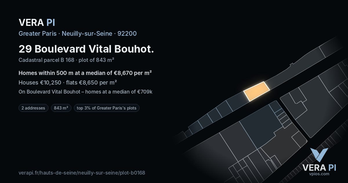 29 Boulevard Vital Bouhot, Neuilly-sur-Seine at night – the plot lit, the parcels around coloured by the prices near them