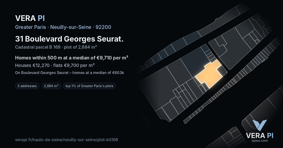 31 Boulevard Georges Seurat, Neuilly-sur-Seine at night – the plot lit, the parcels around coloured by the prices near them