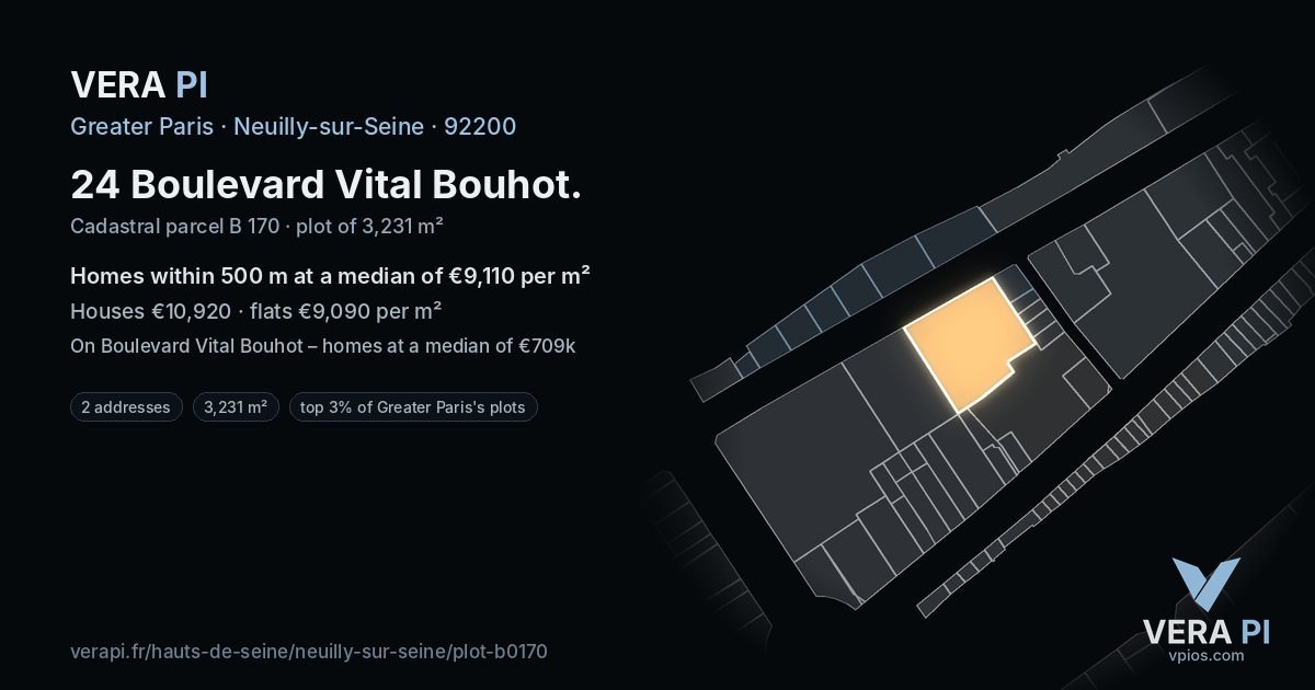 24 Boulevard Vital Bouhot, Neuilly-sur-Seine at night – the plot lit, the parcels around coloured by the prices near them