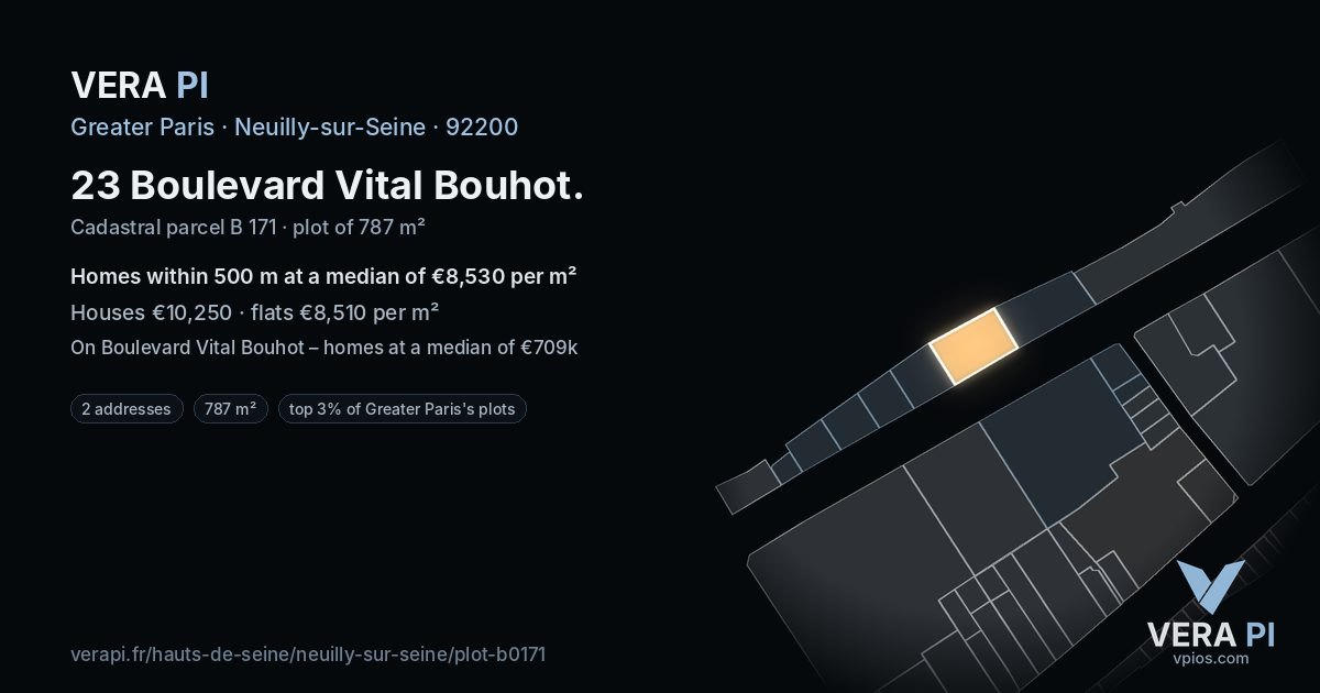 23 Boulevard Vital Bouhot, Neuilly-sur-Seine at night – the plot lit, the parcels around coloured by the prices near them