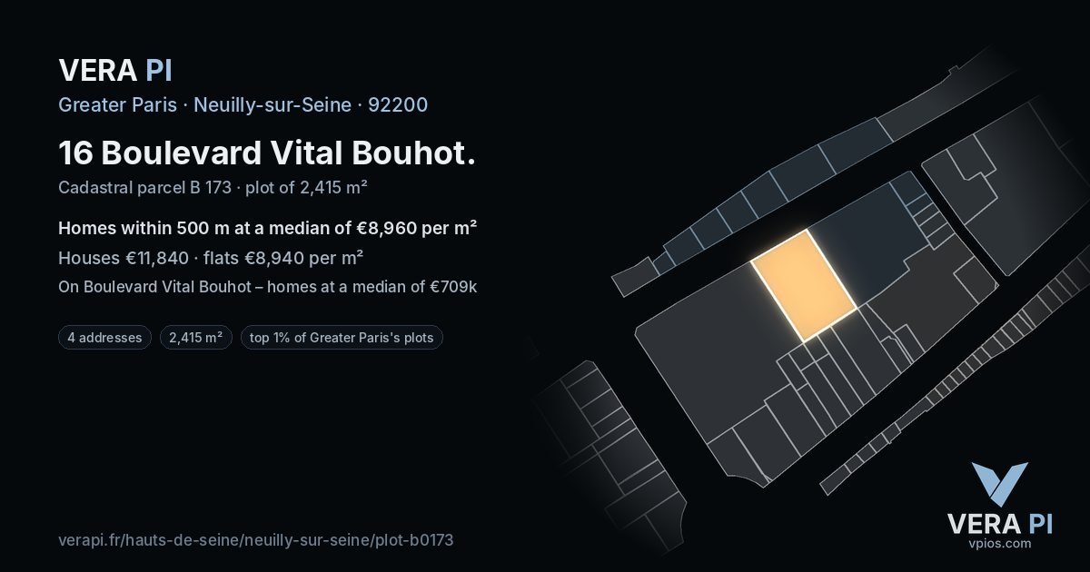 16 Boulevard Vital Bouhot, Neuilly-sur-Seine at night – the plot lit, the parcels around coloured by the prices near them