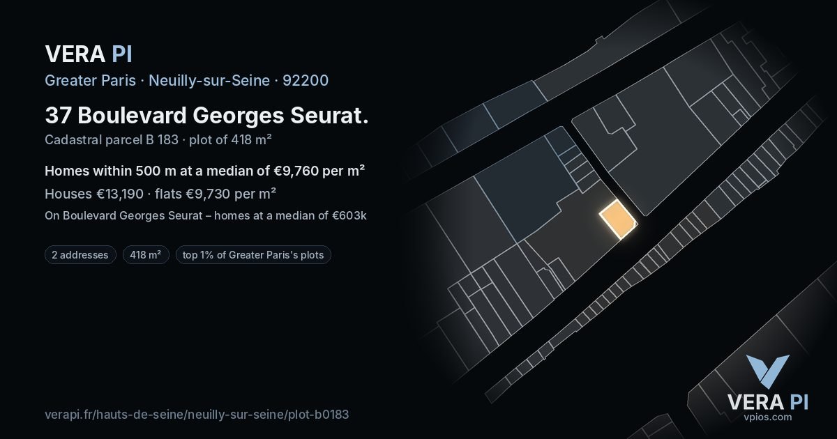 37 Boulevard Georges Seurat, Neuilly-sur-Seine at night – the plot lit, the parcels around coloured by the prices near them
