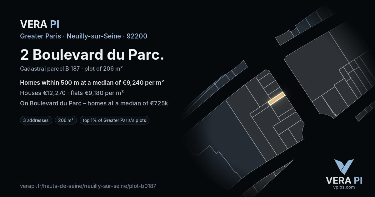 2 Boulevard du Parc, Neuilly-sur-Seine at night – the plot lit, the parcels around coloured by the prices near them