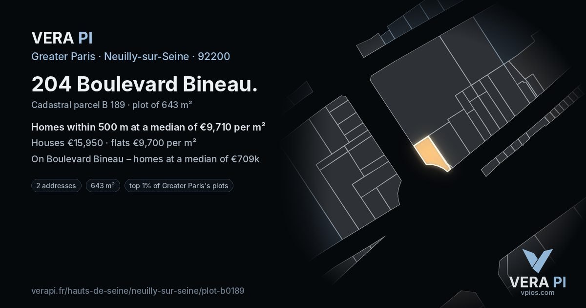 204 Boulevard Bineau, Neuilly-sur-Seine at night – the plot lit, the parcels around coloured by the prices near them