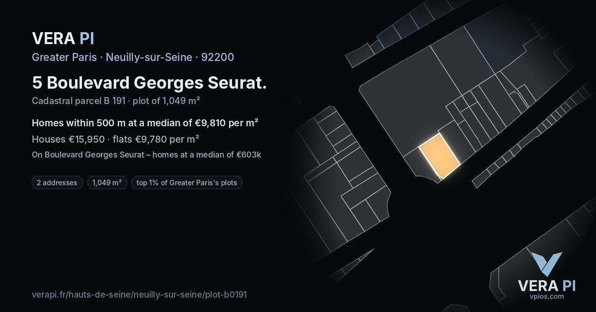 5 Boulevard Georges Seurat, Neuilly-sur-Seine at night – the plot lit, the parcels around coloured by the prices near them