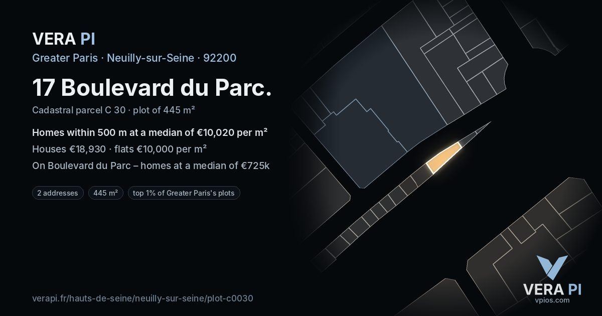 17 Boulevard du Parc, Neuilly-sur-Seine at night – the plot lit, the parcels around coloured by the prices near them