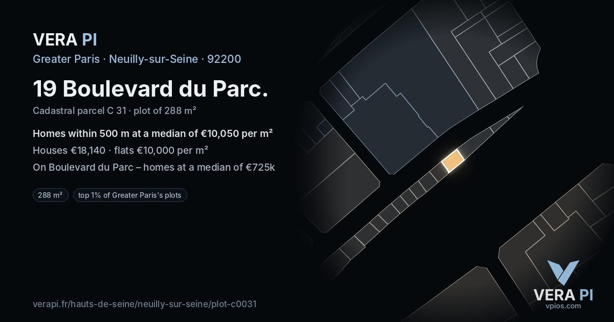 19 Boulevard du Parc, Neuilly-sur-Seine at night – the plot lit, the parcels around coloured by the prices near them