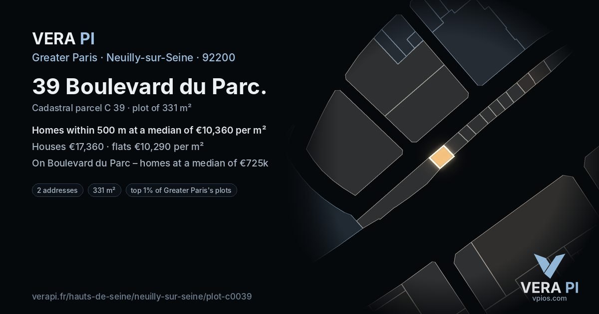 39 Boulevard du Parc, Neuilly-sur-Seine at night – the plot lit, the parcels around coloured by the prices near them