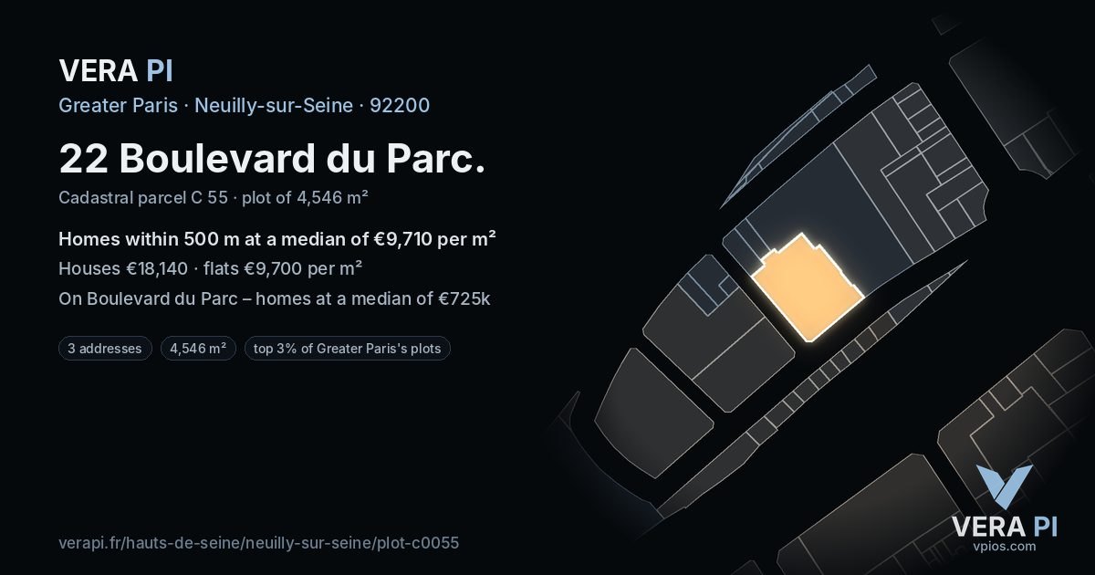 22 Boulevard du Parc, Neuilly-sur-Seine at night – the plot lit, the parcels around coloured by the prices near them