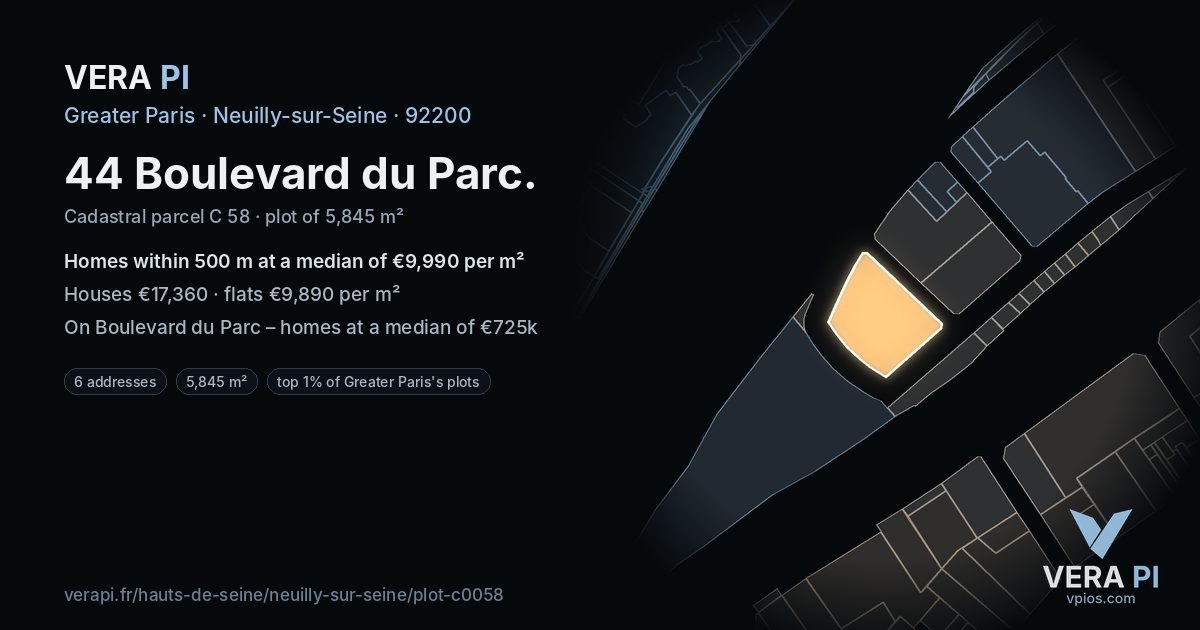 44 Boulevard du Parc, Neuilly-sur-Seine at night – the plot lit, the parcels around coloured by the prices near them