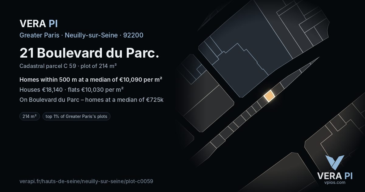 21 Boulevard du Parc, Neuilly-sur-Seine at night – the plot lit, the parcels around coloured by the prices near them