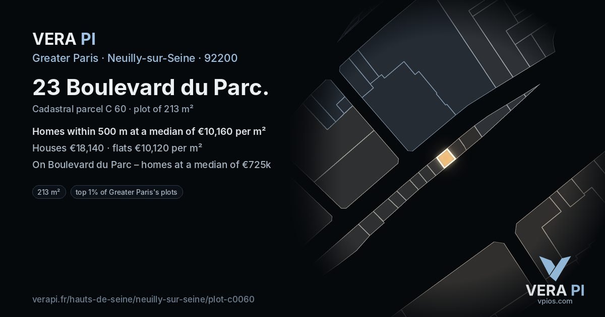 23 Boulevard du Parc, Neuilly-sur-Seine at night – the plot lit, the parcels around coloured by the prices near them