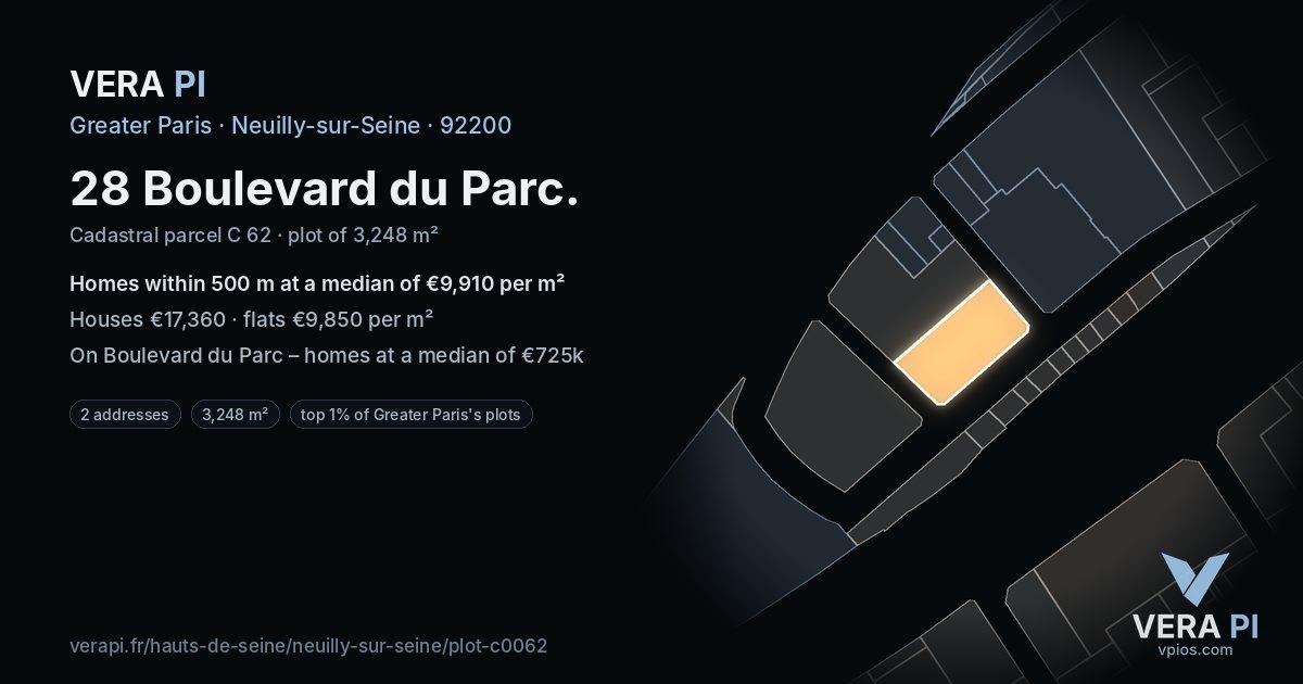 28 Boulevard du Parc, Neuilly-sur-Seine at night – the plot lit, the parcels around coloured by the prices near them