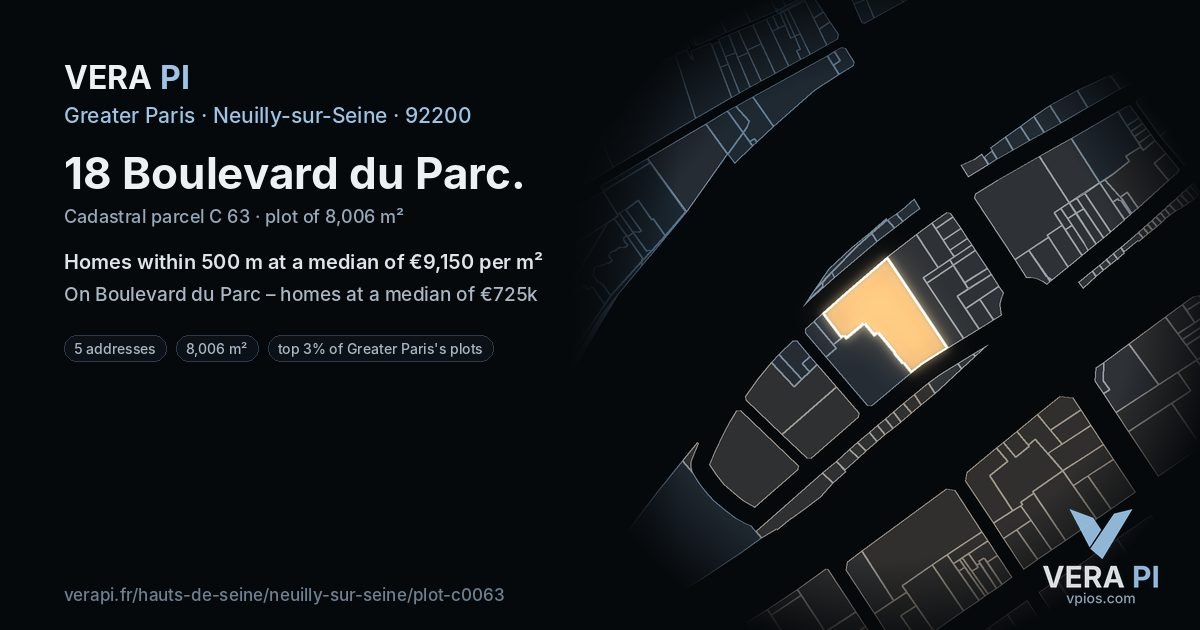 18 Boulevard du Parc, Neuilly-sur-Seine at night – the plot lit, the parcels around coloured by the prices near them