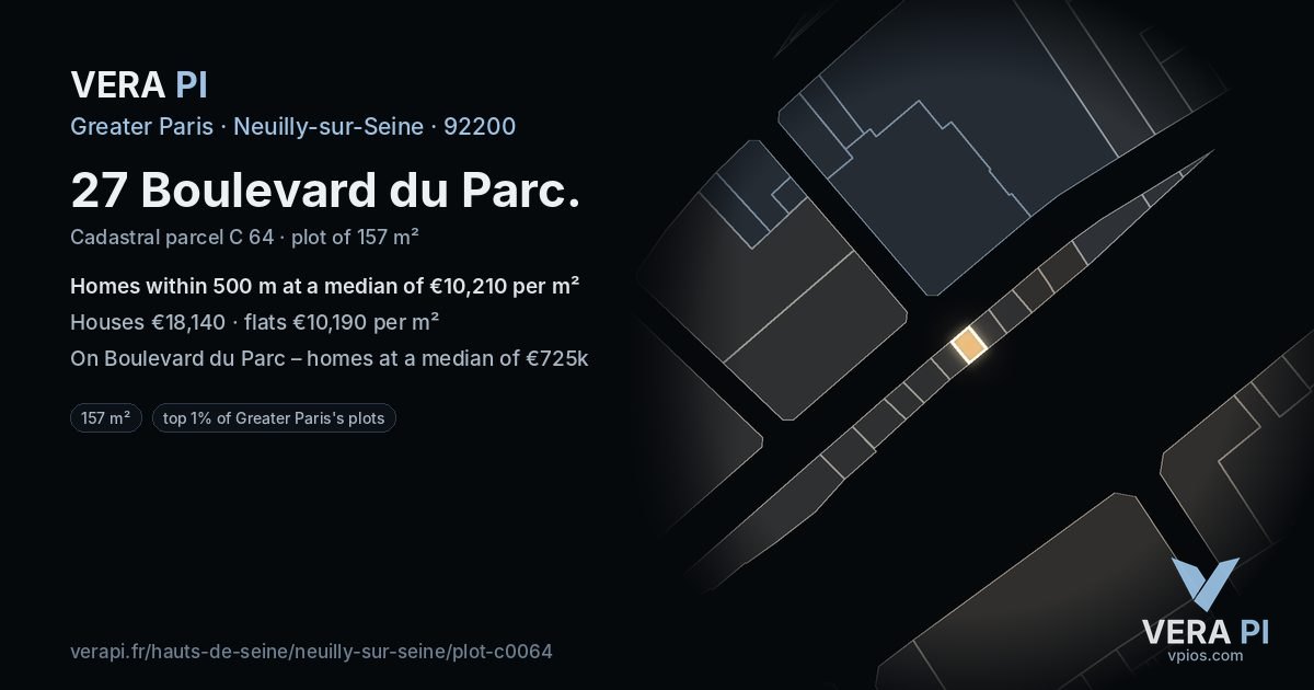 27 Boulevard du Parc, Neuilly-sur-Seine at night – the plot lit, the parcels around coloured by the prices near them