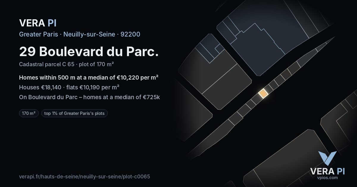 29 Boulevard du Parc, Neuilly-sur-Seine at night – the plot lit, the parcels around coloured by the prices near them