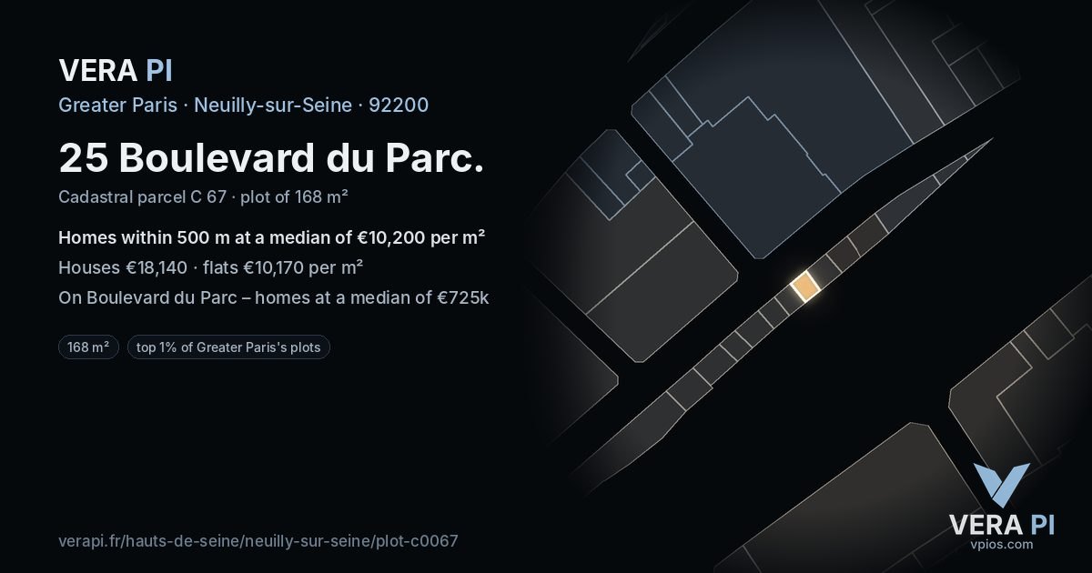 25 Boulevard du Parc, Neuilly-sur-Seine at night – the plot lit, the parcels around coloured by the prices near them