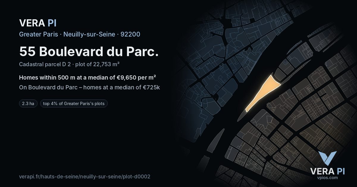 55 Boulevard du Parc, Neuilly-sur-Seine at night – the plot lit, the parcels around coloured by the prices near them