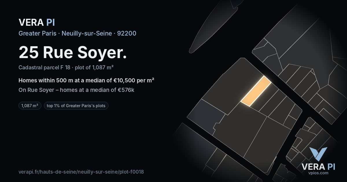 25 Rue Soyer, Neuilly-sur-Seine at night – the plot lit, the parcels around coloured by the prices near them