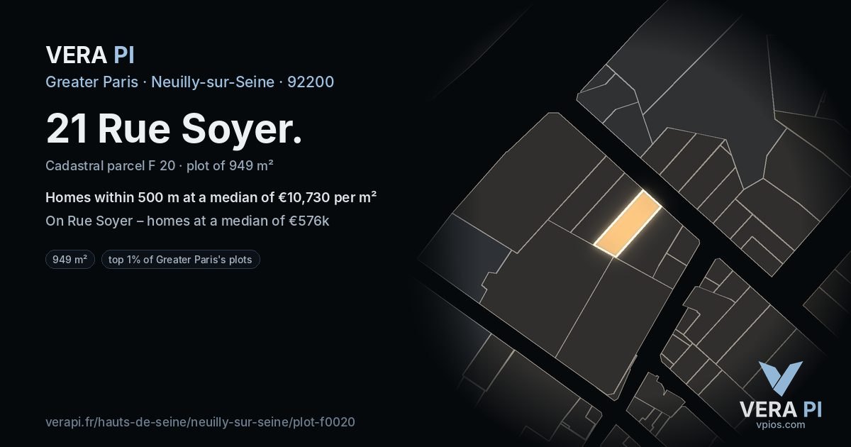 21 Rue Soyer, Neuilly-sur-Seine at night – the plot lit, the parcels around coloured by the prices near them