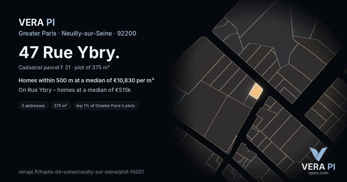 47 Rue Ybry, Neuilly-sur-Seine at night – the plot lit, the parcels around coloured by the prices near them