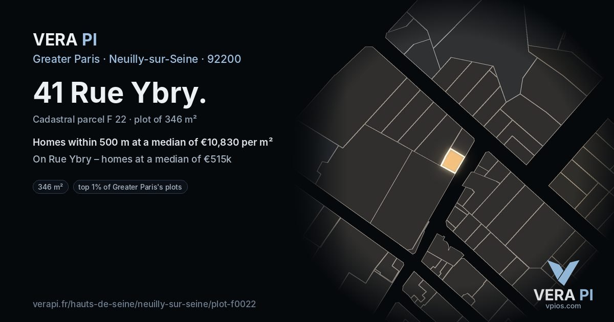 41 Rue Ybry, Neuilly-sur-Seine at night – the plot lit, the parcels around coloured by the prices near them
