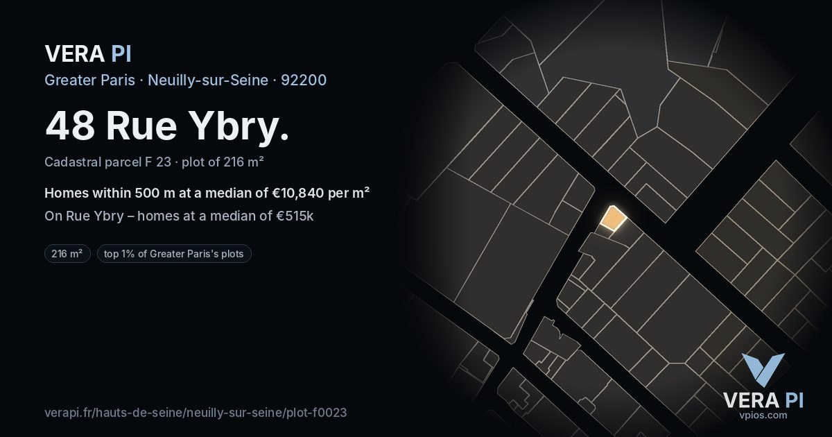 48 Rue Ybry, Neuilly-sur-Seine at night – the plot lit, the parcels around coloured by the prices near them