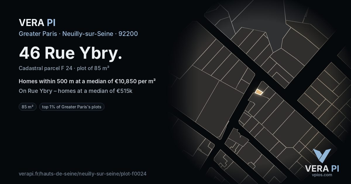 46 Rue Ybry, Neuilly-sur-Seine at night – the plot lit, the parcels around coloured by the prices near them