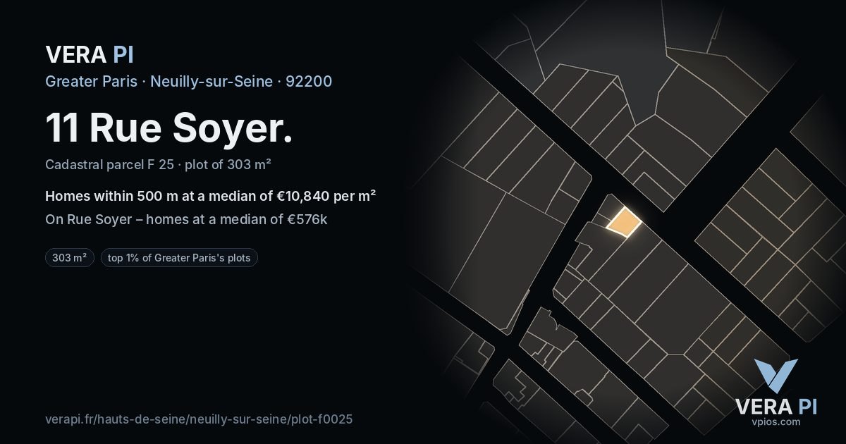 11 Rue Soyer, Neuilly-sur-Seine at night – the plot lit, the parcels around coloured by the prices near them