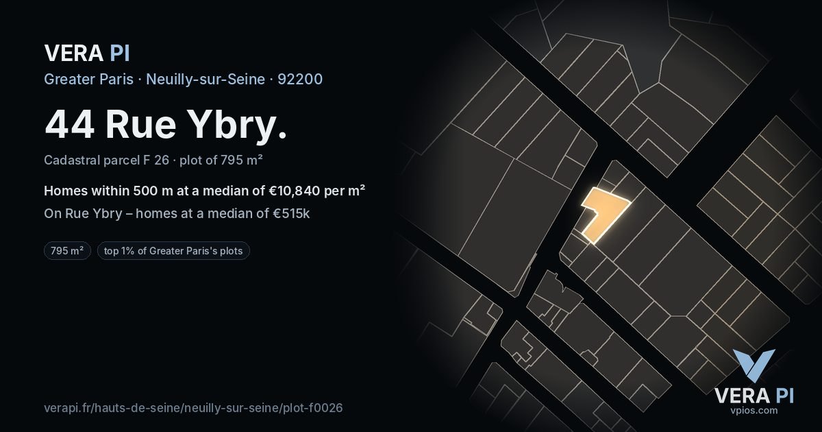 44 Rue Ybry, Neuilly-sur-Seine at night – the plot lit, the parcels around coloured by the prices near them