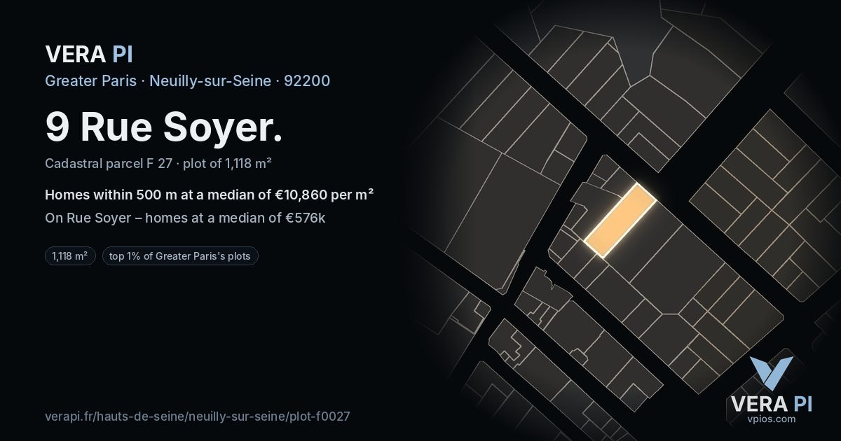 9 Rue Soyer, Neuilly-sur-Seine at night – the plot lit, the parcels around coloured by the prices near them
