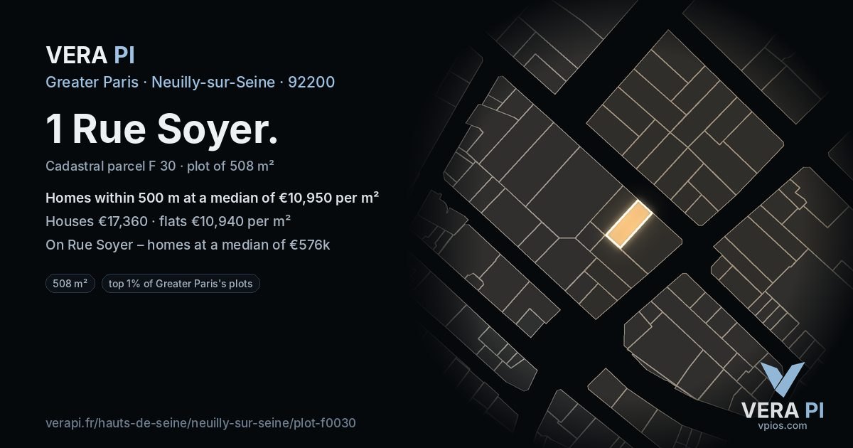 1 Rue Soyer, Neuilly-sur-Seine at night – the plot lit, the parcels around coloured by the prices near them